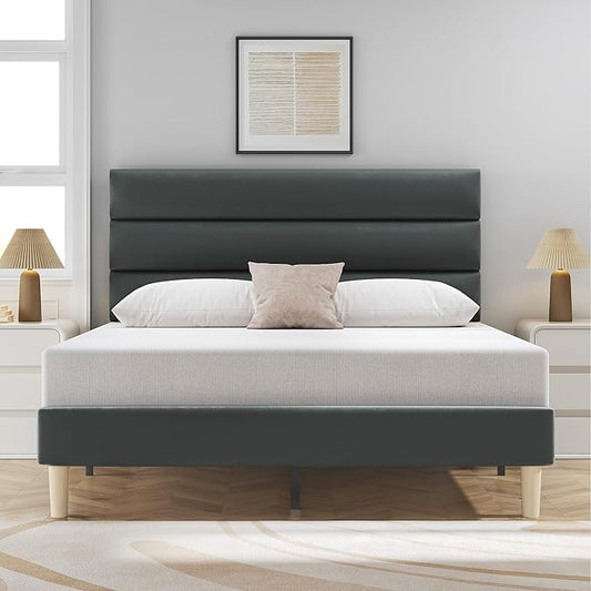 Full Bed Frame, Platform Bed Frame with Velvet Upholstered Headboard, No Box Spring Needed, Sturdy Metal Support, Noise Free, Easy Assembly, Modern Bedroom Furniture, Grey