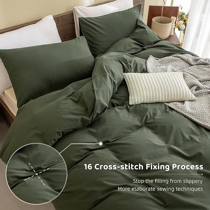 Sanracie Olive Green Comforter Set King Cotton,Dark Green Bedding Comforters Set Solid Color,3 Pieces(1 Aesthetic Comforter and 2 Pillowcases) Soft Lightweight Bed Set for All Season