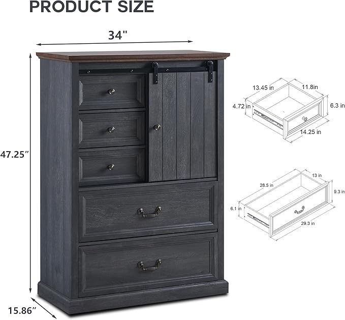 Farmhouse 5 Drawers Dresser for Bedroom, 47" Tall Chest of Drawers w/Sliding Barn Door, Rustic Wood Dressers Organizer w/Adjustable Shelves for Bedroom, Hallway, Living Room, Kitchen, Dark Grey