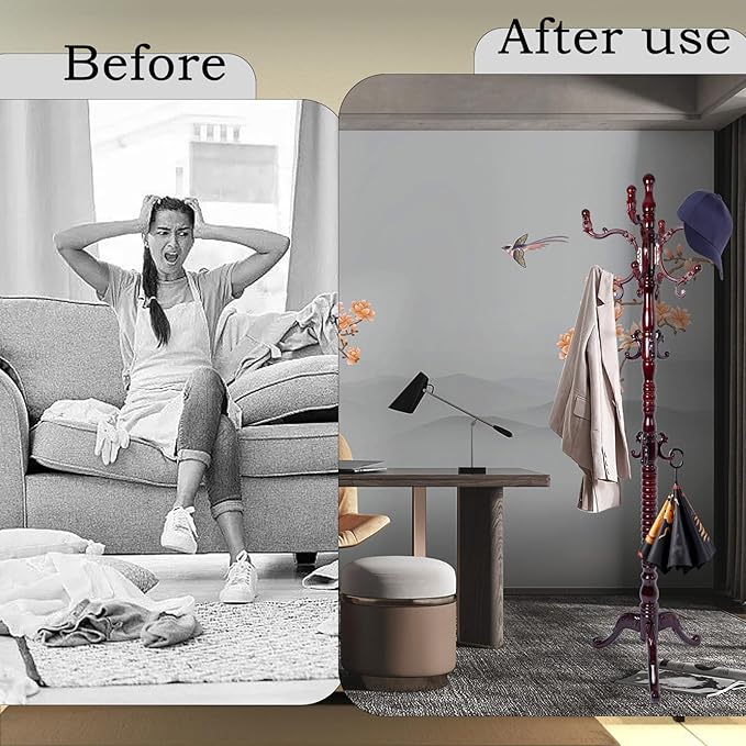 Coat Rack Freestanding, Wooden Tree Coat Rack Stand with 3 Adjustable Sizes Coat Tree and 14 Hooks, Sturdy Hall Tree with Solid Round Base for Entryway, Hallway,Bedroom (Reddish brown-Tri-Legged Base)