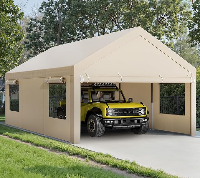 Walsunny Carport, 12x20 ft Heavy Duty Carport Canopy with Roll-up Windows, Portable Garage with Removable Sidewalls & Doors, Car Canopy with All-Season Tarp for Car, Truck, Boat
