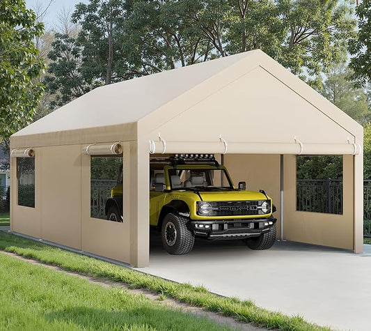 Walsunny Carport, 12x20 ft Heavy Duty Carport Canopy with Roll-up Windows, Portable Garage with Removable Sidewalls & Doors, Car Canopy with All-Season Tarp for Car, Truck, Boat