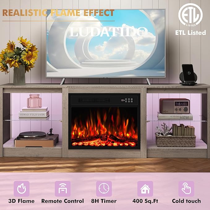Ludatido 70 Inch Fireplace TV Stand with 23" Fireplace Insert, Entertainment Center with 14-Color LED Lights, Open Storage, Adjustable Glass Shelves, Gray TV Stand for Living Room Fits up to 80" TVs
