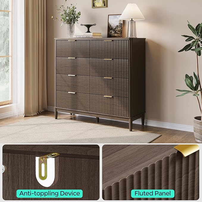 LINSY 8 Drawer Double Dresser for Bedroom, Modern Fluted Wood Chest of Drawers with Gold Metal Handles, Wide Storage Dresser TV Stand for Bedroom, Living Room, Entryway, Walnut