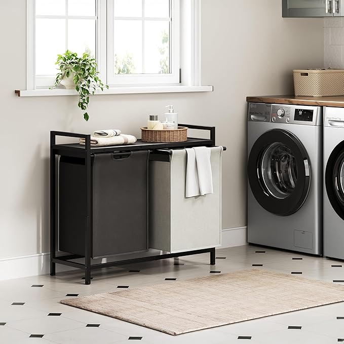 Laundry Hamper with Shelf, Laundry Basket 2 Section, Laundry Sorter with Pull-Out Removable Large 2 Color Bags and Movable, Metal Frame, 2 x 15.87 Gallons (60L), Black PF06XLK