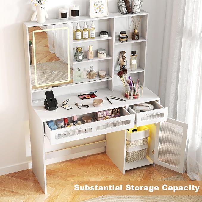 Hadulcet White Vanity Desk with Mirror and Lights, LED Vanity with Power Outlet, Makeup Vanity with 2 Drawers, 10 Storage Shelves and Acrylic Door Cabinet for Bedroom Dressing Room, 43”
