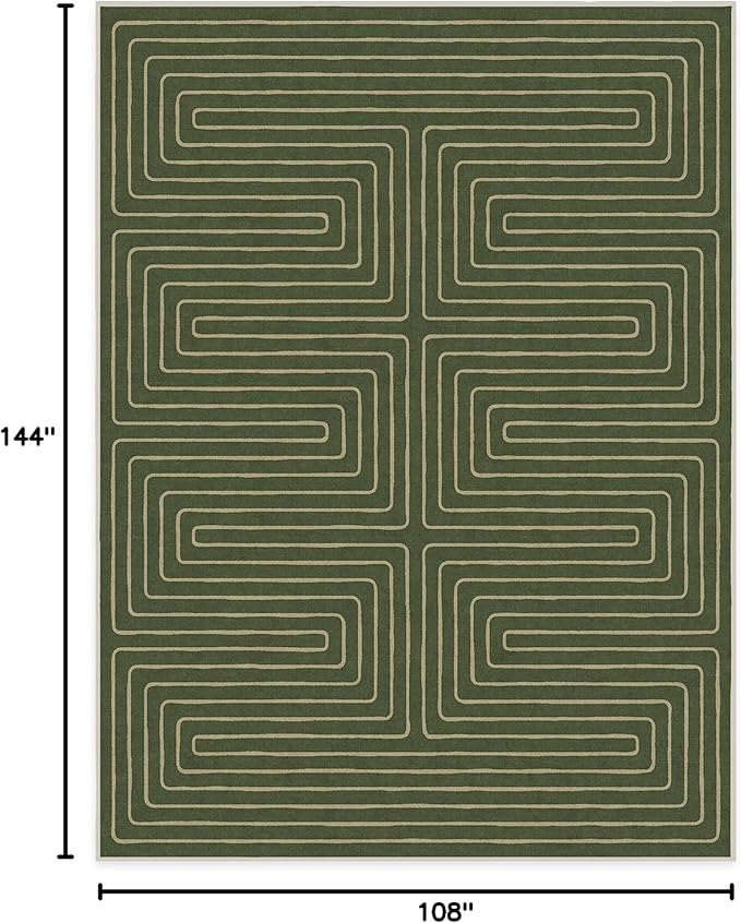 RUGGABLE x Jonathan Adler Machine Washable Modern Area Rug – Labyrinth Fern Green 9x12, Stain-Resistant, Non-Slip – Large Rugs for Living Room, Bedroom, Hallway, Entryway & Office–with Standard Pad