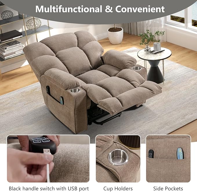 CANMOV Oversized Power Lift Recliner Chair for Elderly, Dual Motor Electric Heavy Duty Lift Recliner with Massage, Heating, with USB Port,Cup Holders and Pockets, Brown