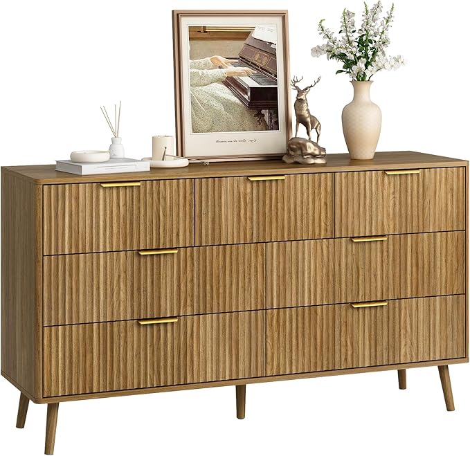CARPETNAL Fluted 7 Double Drawers Dresser for Bedroom, 55”Wide Modern Chest of Drawers with Deep Drawers,Curved Profile Design, Wood Drawer Organizer for Living Room, Natural Oak