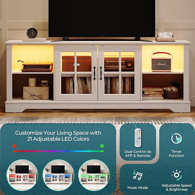 LINSY HOME TV Stand for 75 Inch TV, 68" Long Entertainment Center with LED Lights and Glass Door Storage Cabinet, Modern Farmhouse Wood TV Console Table for Living Room, Bedroom, White