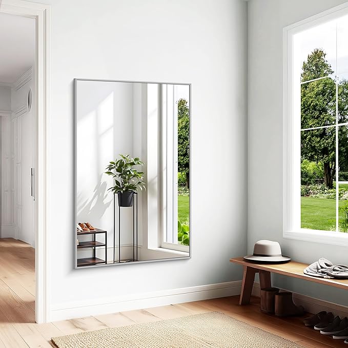 KOCUUY Large Silver Bathroom Mirror, 55x36 inch Rectangular Mirror for Bathroom Sink, Oversized Mirror with Metal Brushed Nickel Frame for Living Room, Farmhouse, Entryway, Hang Horizontal/Vertical