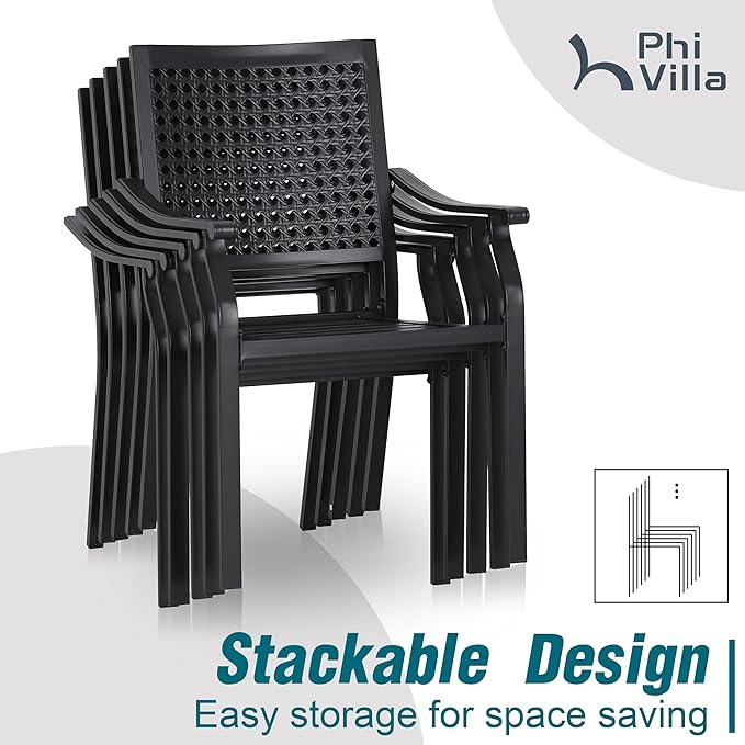 PHI VILLA 7 Pieces Patio Dining Set for 6, 65” Wood-Like Metal Steel Dining Table & Stackable Iron Dining Chairs, Large Dining Furniture Set for Outdoor Deck, Yard, Porch