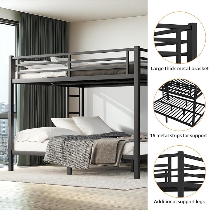 Queen Over Queen Bunk Bed Frame, Heavy Duty Metal Loft Bed for Adults/Teens, 400/600LB Capacity w/Ladder & Guardrail, Noise-Free Steel Slats, No Box Spring Required, Black