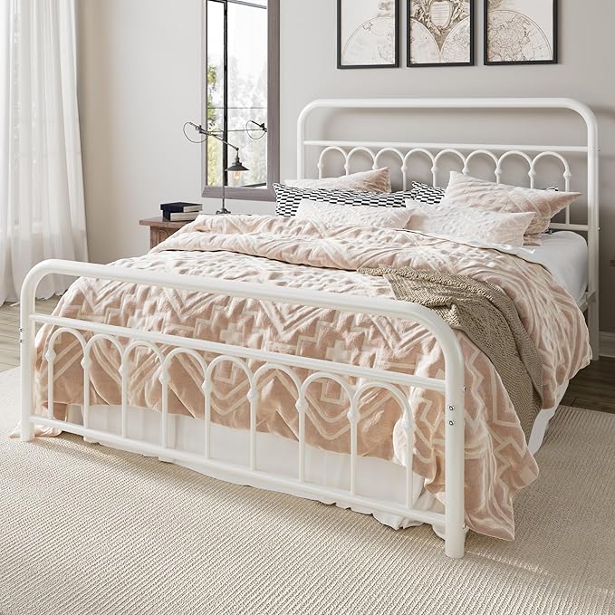 Allewie 14 Inches Queen Size Metal Platform Bed Frame with Victorian Style Curved Iron-Art Headboard/Footboard, Metal Slats Support, Easy Assembly, Under Bed Storage, No Box Spring Required, White