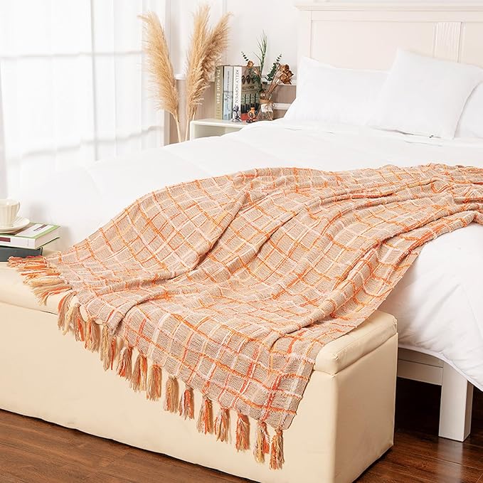 Gealaek Boho Throw Blanket Lightweight Fuzzy Soft Cozy Decorative Blankets for Sofa Bed Farmhouse Throw Blanket Mexcican Blanket with Tassel Khaki Orange Yellow Textured 50" x 60"