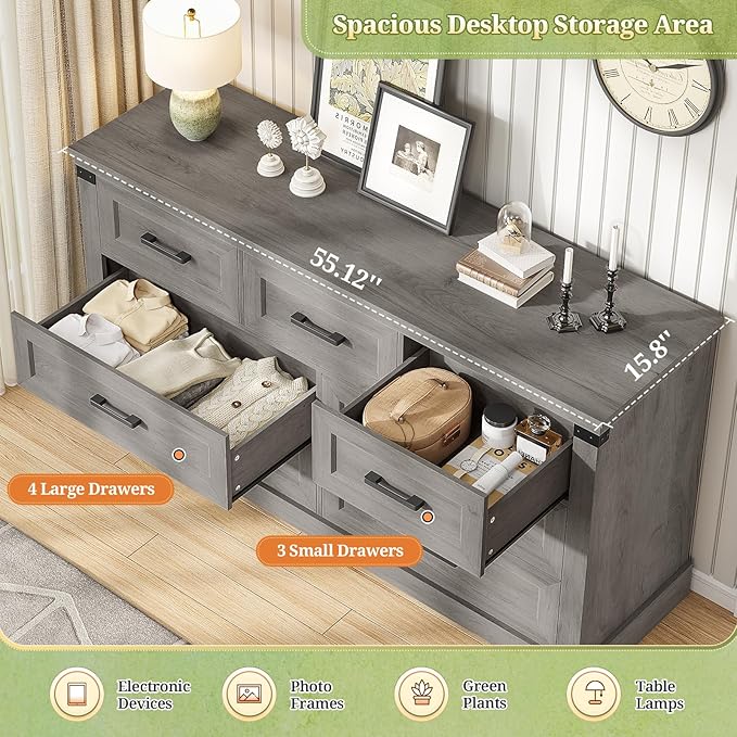 Hasuit Farmhouse 7 Drawers Dresser for Bedroom, Wooden Long Dresser Chest of Drawers with Thick Styling, Large Capacity Closet Storage Dressers Organizer, Wide Dressers for Bedroom, Hallway, Oak Gary