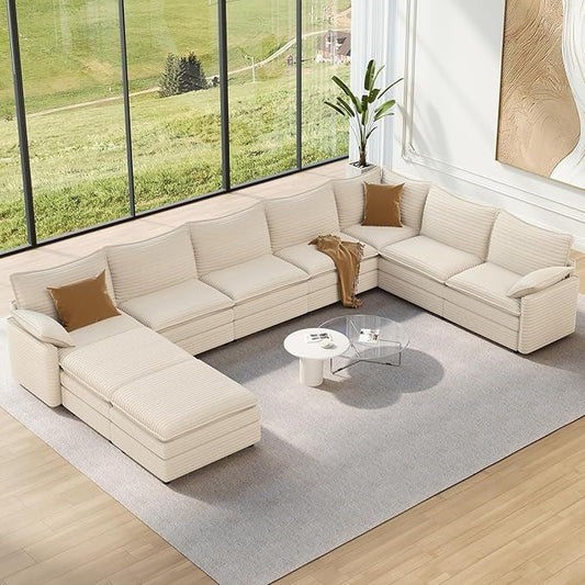 Vesgantti Large Modular Sectional Sofa, Big Comfy Cloud Couch with Ottoman Deep Seat Corduroy Cloud Sofa, 9 Seater Large Sectional Couches for Living Room, Bedroom and Apartment, Beige