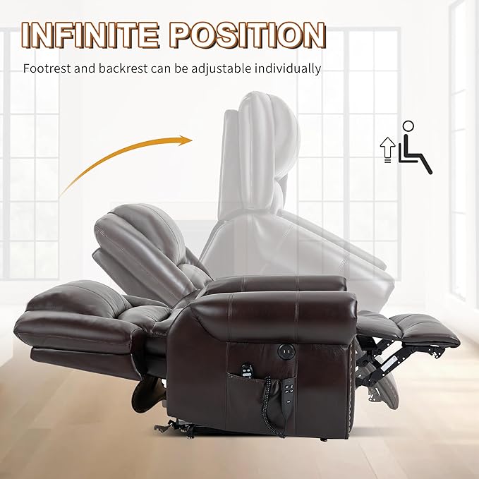Power Lift Recliner Chair for Elderly, Dual Motor Massage Recliner with Lumbar Heat, Heavy Duty Motion Mechanism Lift Chair with Charge Ports, Faux Leather - Antique Brown