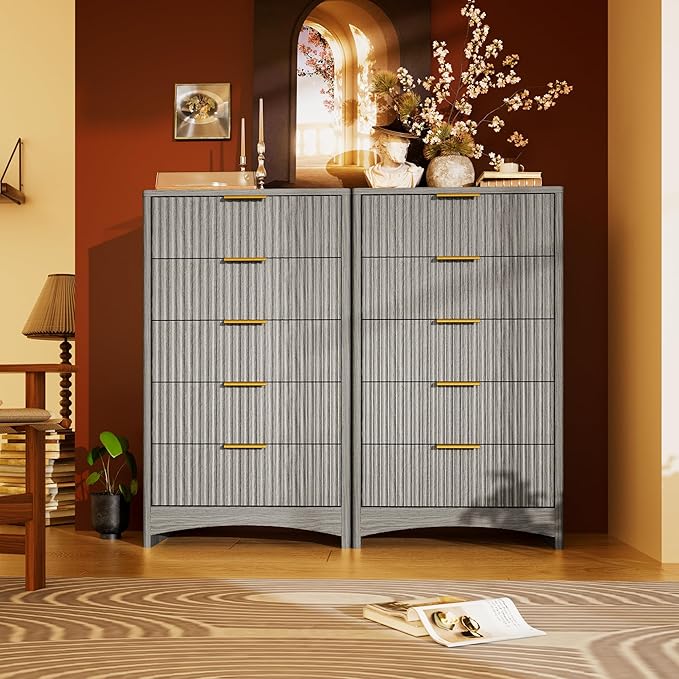 Marsail 5 Drawer Tall Wooden Dresser with Smooth-Glide Drawers, Modern Storage Solution for Bedrooms and Hallway, Featuring Large Capacity and an Elegant Natural Wood Finish, Light Grey