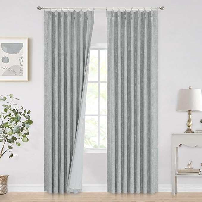 Vision Home Silver Grey Pinch Pleated Full Blackout Curtains Room Darkening Window Curtains 112 inch for Living Room Bedroom Thermal Insulated Pinch Pleat Drapes with Hooks Back Tab 2 Panel 40"Wx112"L