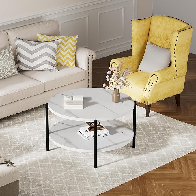 Round Coffee Table, 27.6" Circle Coffee Table for Living Room, 2-Tier Wood Accent Center Table with Open Storage Industrial Design Home Furniture, White