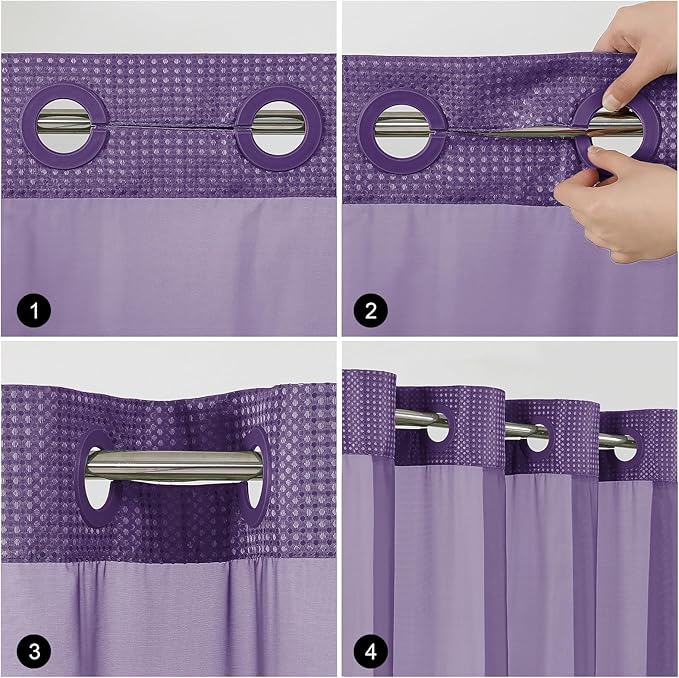Colorful Star No Hook Shower Curtain with Snap in Fabric Liner, Waffle Weave Heavy Duty Thick Shower Curtains with Mesh Top Window, Hotel Style Waterproof Bathroom Curtain Set, 72 x 75 Inch, Purple