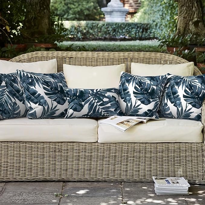 LVTXIII Set of 2 Patio Throw Pillows Waterproof 16"x16" Fade Resistant Outdoor Throw Pillows with Inserts, Fluffy Decorative Garden Toss Pillow Cushions for Home Patio Coach Sofa Use, Palms Blue