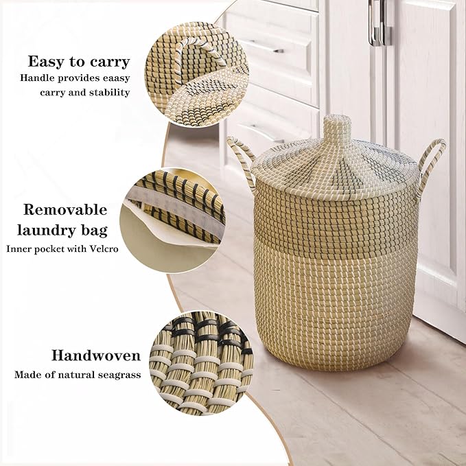 3 Pack Laundry Baskets Hamper, Seagrass Handwoven Storage Basket with Lid Handles, Natural Vietnamese Woven Decorative Wicker Clothes Hamper, Suitable for Any Home Style, Gifts for Friends