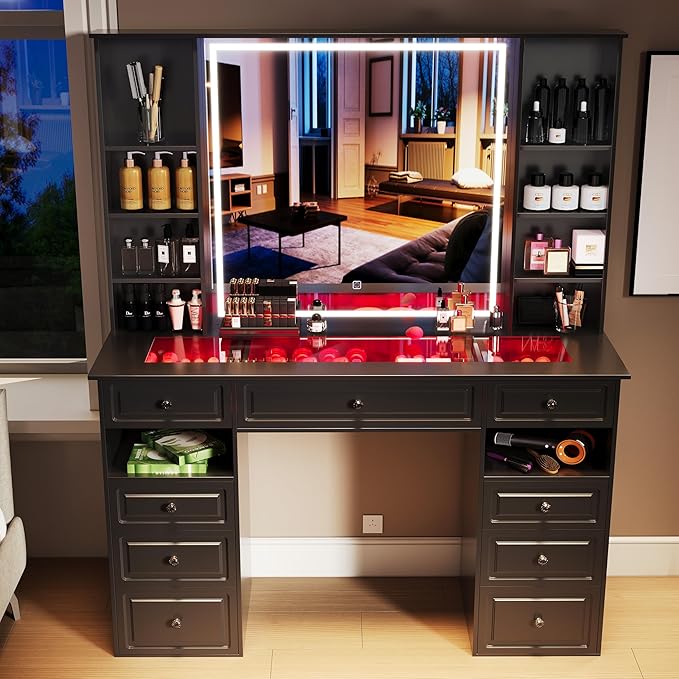 Vanity Desk with Mirror and Light, Glass Top Dresser with 9 Drawers, Vanity Table with Storage, Dressing Table, Bedroom Makeup Desk for Women (Black-Glass Top)