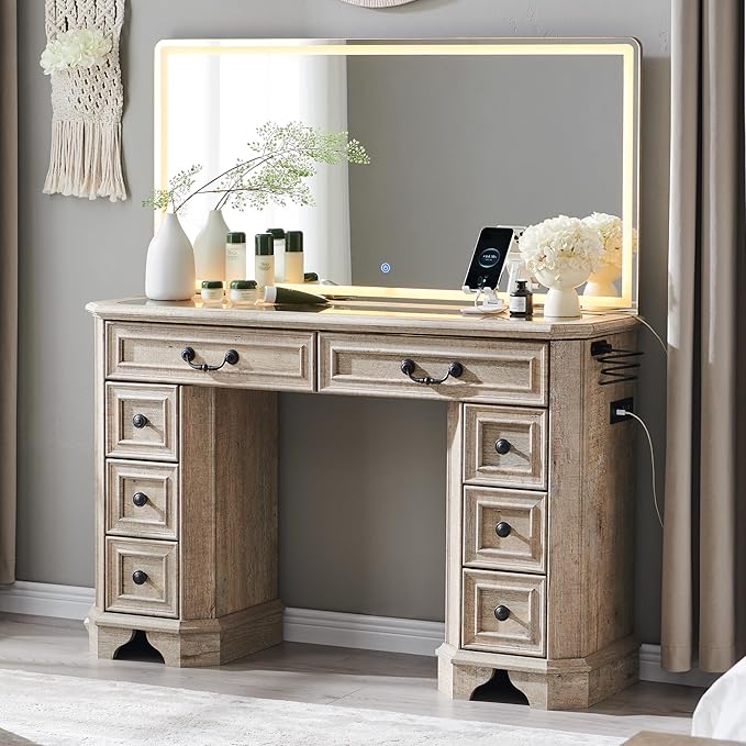 Vanity Desk with Mirror and Lights, 48'' LED Lights Farmhouse Makeup Vanity with 8 Drawers, Vanity Table with 3 Color Modes, Dressing Table with Glass Top and Power for Bedroom(Light Rustic Oak)