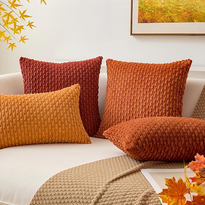 Kevin Textile Fall Throw Pillow Covers Soft Corduroy Decorative Set of 2 Boho Striped Pillow Covers Pillowcases Farmhouse Home Decor for Couch Bed Sofa Living Room 26x26 Inch Rust Brown