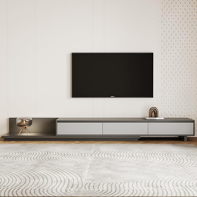 Mid-Century Modern Expandable TV Stand with 3 Drawers – Adjustable Entertainment Center for Living Room & Bedroom (79" to 130"), Stylish Gray Media Console