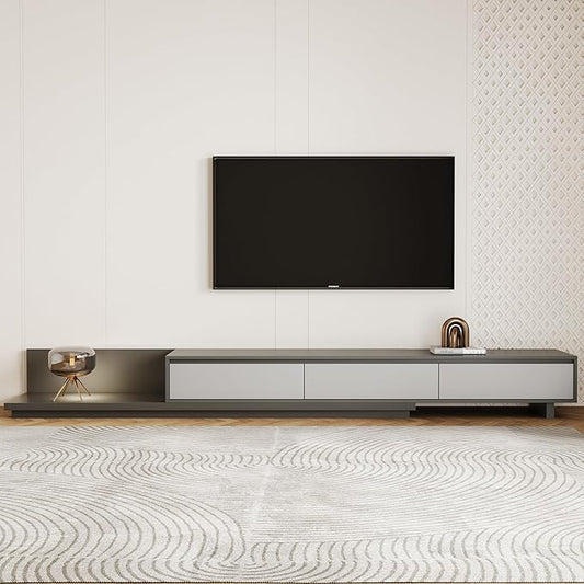 Mid-Century Modern Expandable TV Stand with 3 Drawers – Adjustable Entertainment Center for Living Room & Bedroom (79" to 130"), Stylish Gray Media Console