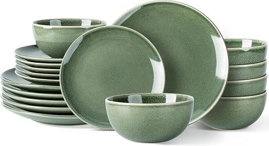 AmorArc Ceramic Dinnerware Sets for 6, 18 Pieces Handpainted Plates and Bowls Set, Scratch Resistant Stoneware Dishes Set, Dishwasher & Microwave Safe, Jade Green