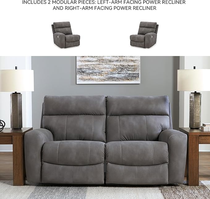Signature Design by Ashley Next-Gen DuraPella Contemporary Faux Leather Modular Wall Hugger 2-Piece Power Reclining Sectional Loveseat with Adjustable Headrest and USB Ports, Gray