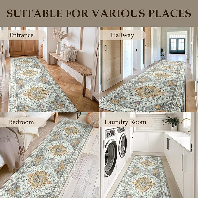 Area Rugs 2'x8' Washable Non-Slip, Floral Vintage Distress Print Pattern Medallion Carpet for Living Room Bedroom Dining Room, Light Yellow Carbon Grey Orange