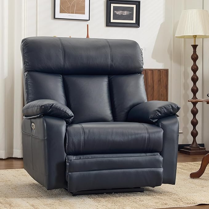 AEDI 450lbs Genuine Leather Power Recliner Chair for Big and Tall Adults Oversized Electric Reclining Sofa for Living Room,Extra Wide 27.5” Seat,Extended Footrest,USB Charging,Dark Blue