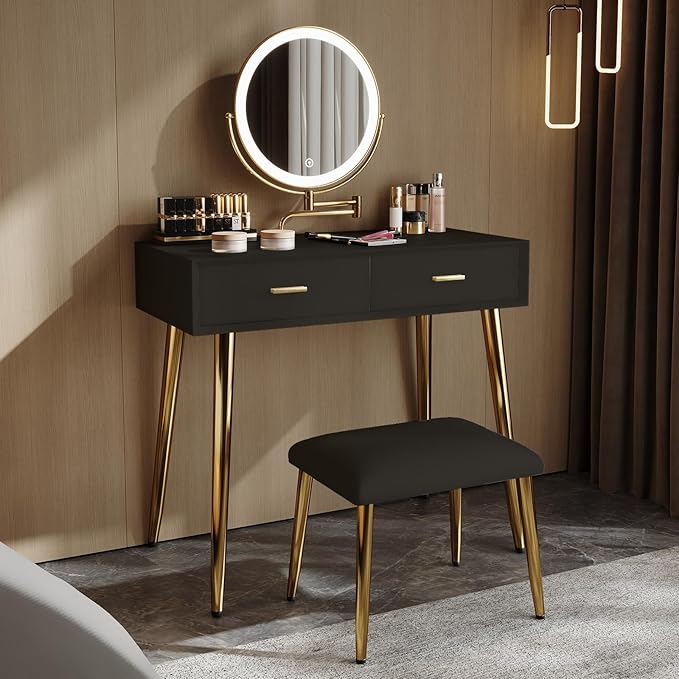 IKuinen Makeup Vanity Desk with Mirror and Lights, Small Vanity Table with 2 Drawers, Stool,Vanity Set for Bedroom with Microfiber Leather, 3 Lighting Modes - 31.5In Black
