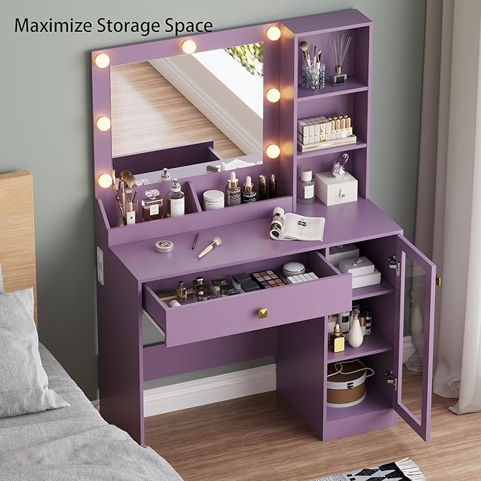 Small Vanity Desk with Mirror and Lights, Makeup Vanity Desk with Adjustable Brightness 3 Light Modes, RGB Storage Cabinet, Power Outlet, Drawer, Shelves (Lavender Mist)