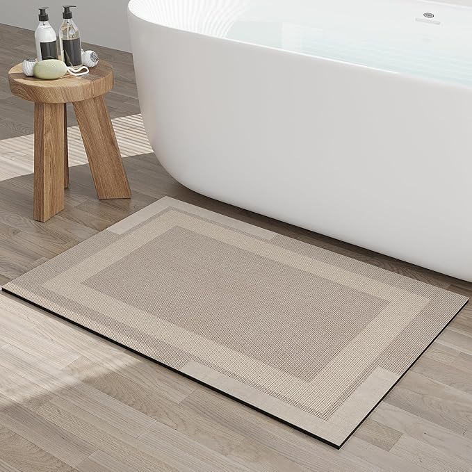 Non Slip Bath Mat, Rubber Backing Ultra Thin Bathroom Rugs Fit Under Door Quick Dry Super Absorbent Washable Bath Rug Shower Mat for Bathroom Floor Bathtub Shower Sink, Easy Care Beige 20"x 32"