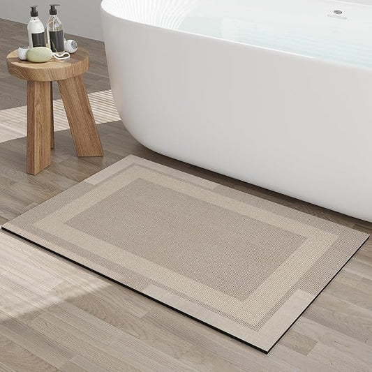 Non Slip Bath Mat, Rubber Backing Ultra Thin Bathroom Rugs Fit Under Door Quick Dry Super Absorbent Washable Bath Rug Shower Mat for Bathroom Floor Bathtub Shower Sink, Easy Care Beige 20"x 32"