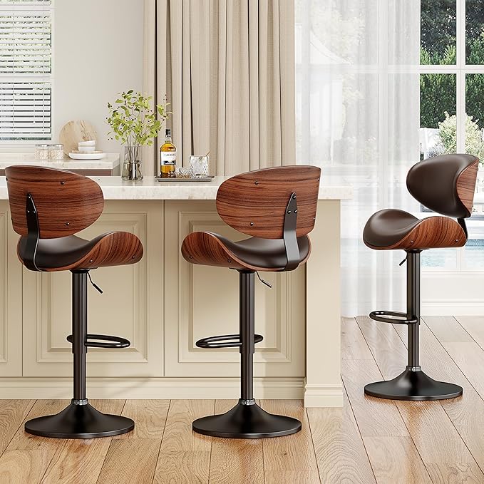 Bar Stools Set of 3, Bentwood Adjustable Height Swivel Bar Stools, PU Leather Upholstered Bar Chair with Back and Footrest for Bar, Kitchen, Dining Room, Brown