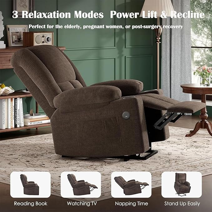 Electric Power Lift Recliner Chair,Reclining Chair with 8 Massage,2 Cup Holders,Side Pockets,USB Charge Port,Remote Control for Living Room,Bedroom,Chocolate