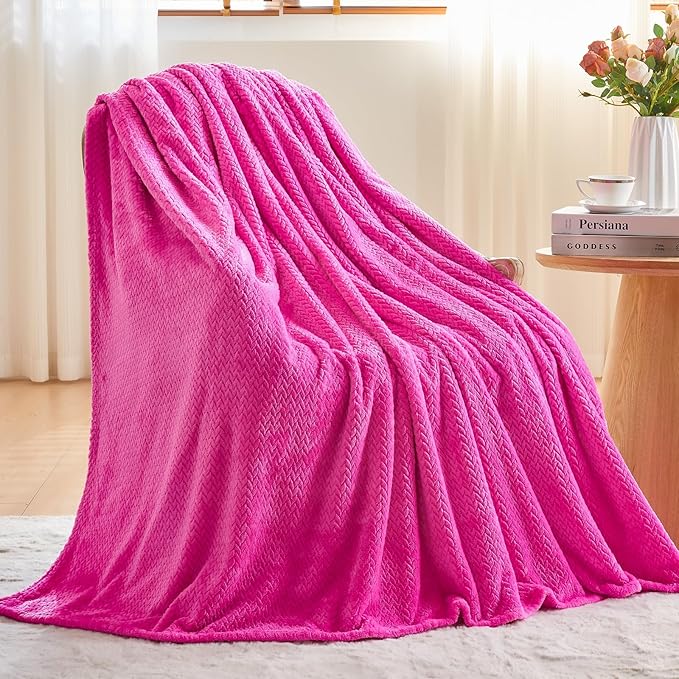 NEWCOSPLAY Super Soft Queen Blanket Hot Pink Premium Silky Flannel Fleece Leaves Pattern Lightweight Bed Blanket All Season Use (Hot Pink, Queen(90"x90"))