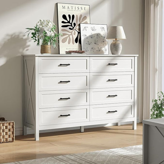 Farmhouse 8 Drawers Dresser for Bedroom, 55 Inch Wood Rustic Wide Chest with Natural Texture, Large Dressers for Bedroom, Hallway, Entryway, White