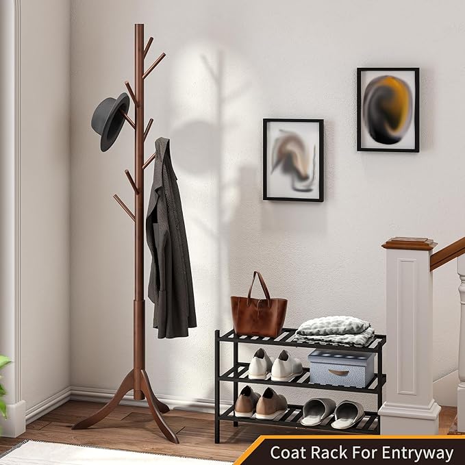 Coat Rack Freestanding, Coat Stands Entryway, Bamboo Coat Rack Hat Hanger 8 Hook for Jacket, Purse, Scarf Rack, Umbrella Tree Stand (Brown)