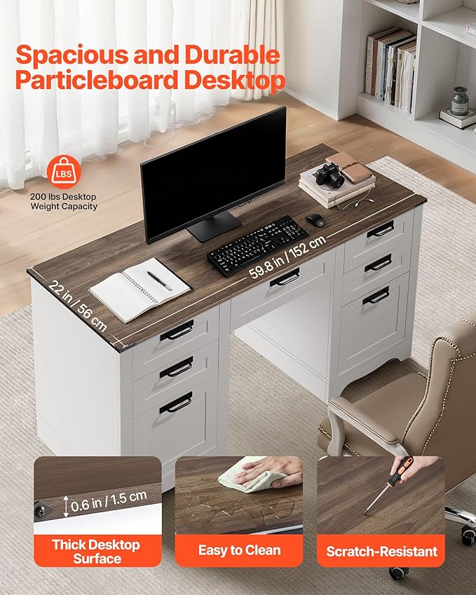 VEVOR 60" Executive Desk with Drawers, Farmhouse Home Office Desk with Charge Station, Keyboard Tray, File Storage Cabinet, 200 LBS Load Capacity Wood Table, Easy Assembly, for Work Study, Walnut