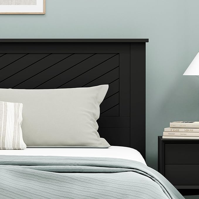 Serene Poplar Wood King Headboard, Modern Farmhouse Panel with Chevron Scoring, King Size Headboard in Black, Casual Coastal Style, Easy Assembly, Quality Materials