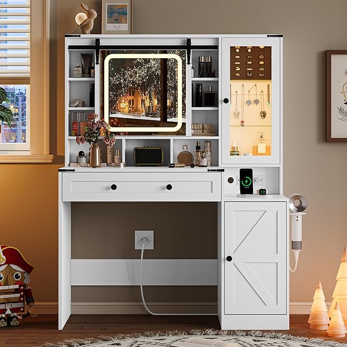 Farmhouse Makeup Vanity Desk with Mirror and Lights, White Vanity Desk with Lighted Mirror & Power Outlet, RGB Glass Cabinet, Makeup Dressing Table with 3 Lighting Modes for Bedroom