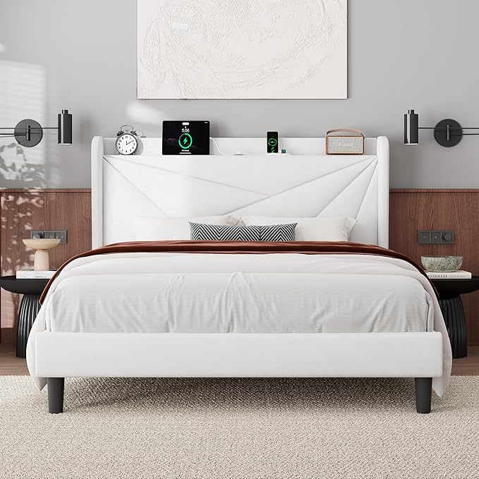 Feonase Queen Size Bed Frame with Charging Station, Velvet Upholstered Platform Bed Frame with Wingback Storage Headboard, Solid Wood Slats Support, No Box Spring Needed, Noise Free, White